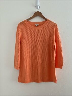 Talbots Coral Orange Textured Knit Sweater Crochet Semi Sheer Sz Large Coastal